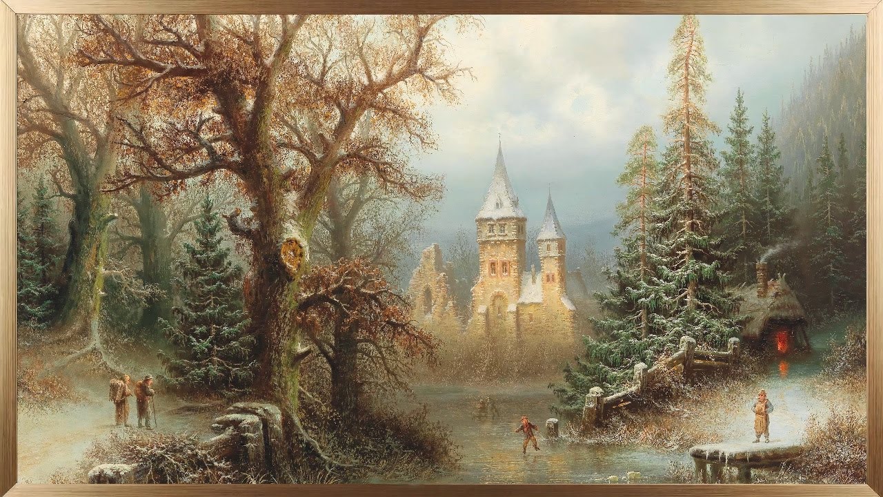 Winter Castle Scene | Vintage Painting | Framed Winter Art | 4K Framed Art Ambience