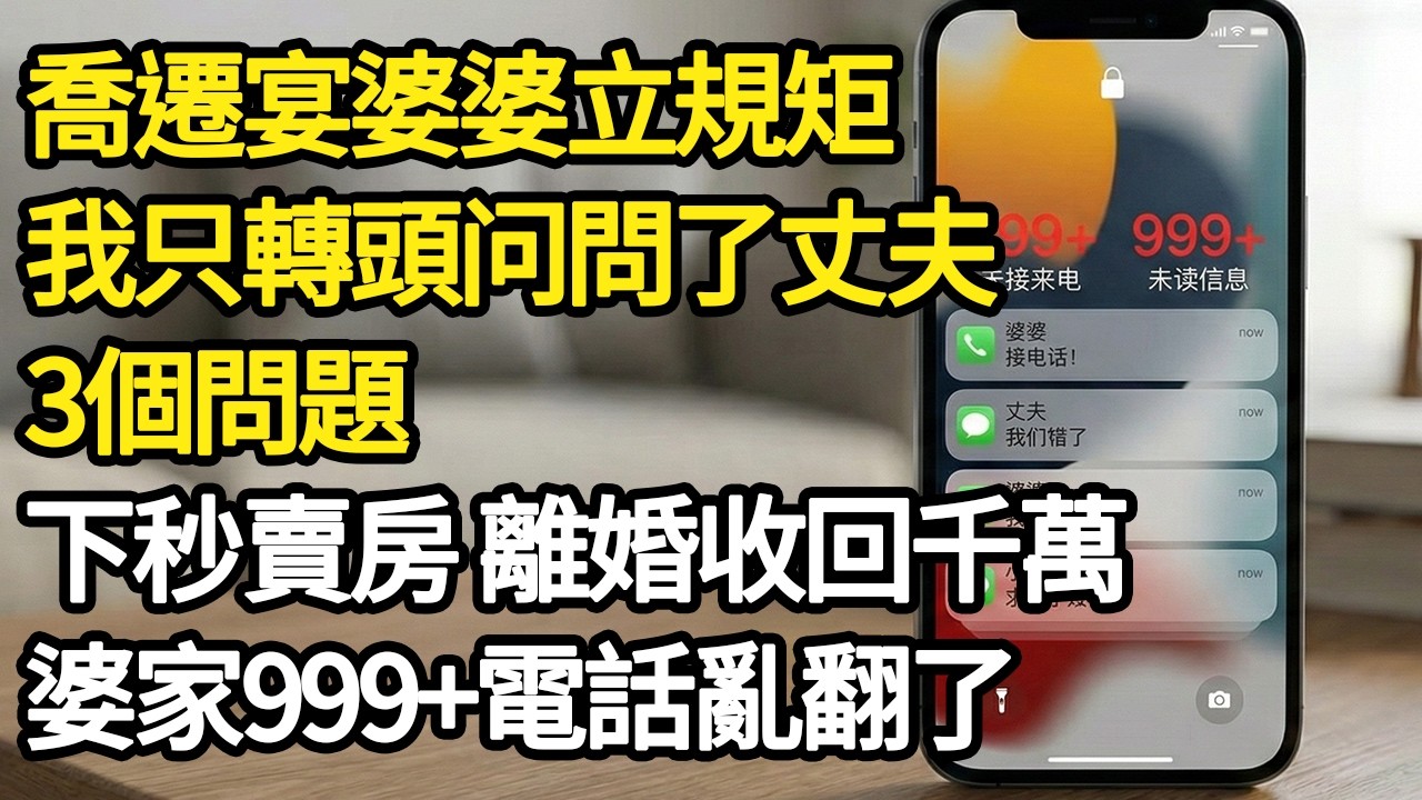 喬遷宴婆婆立規矩，我只轉頭問了丈夫3個問題，下秒賣房 離婚收回千萬，婆家999+電話亂翻了#為人處世#正能量#故事#生活經驗#老年情感#爽文
