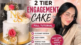     2 Tier Engagement Cake Tutorial 💍 | Elegant Cake Design Using Home Baking Tools