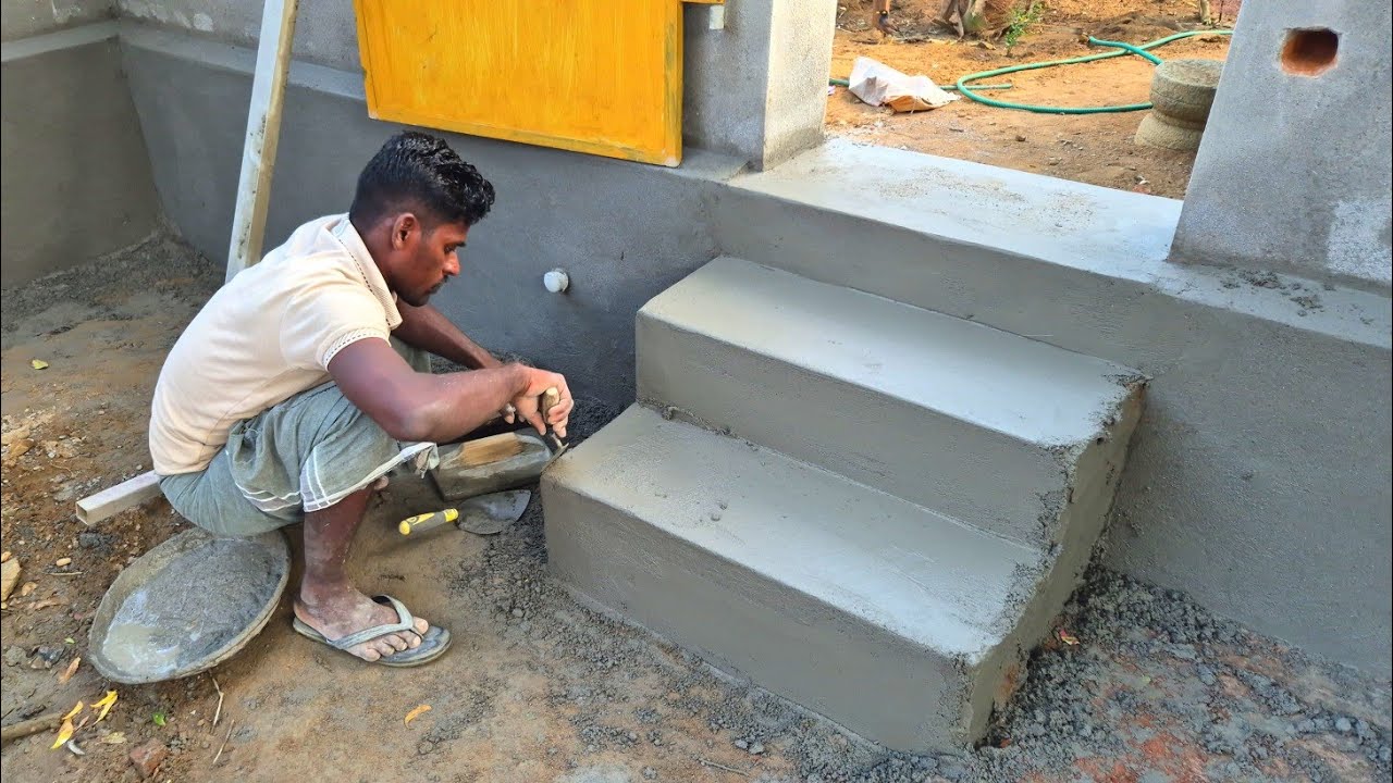 Technically Plastering Stairs _Building Front Stair Accurately Plastering Construction with Cement