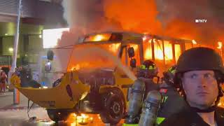 School Bus on Fire in Times Square 42nd Street after Knicks Win