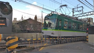 京阪 石山坂本線 600形 605-606編成 坂本比叡山口行き 三井寺付近踏切 700形 705-706編成 検査明け 石山寺行き 大津市役所前踏切り 20240107