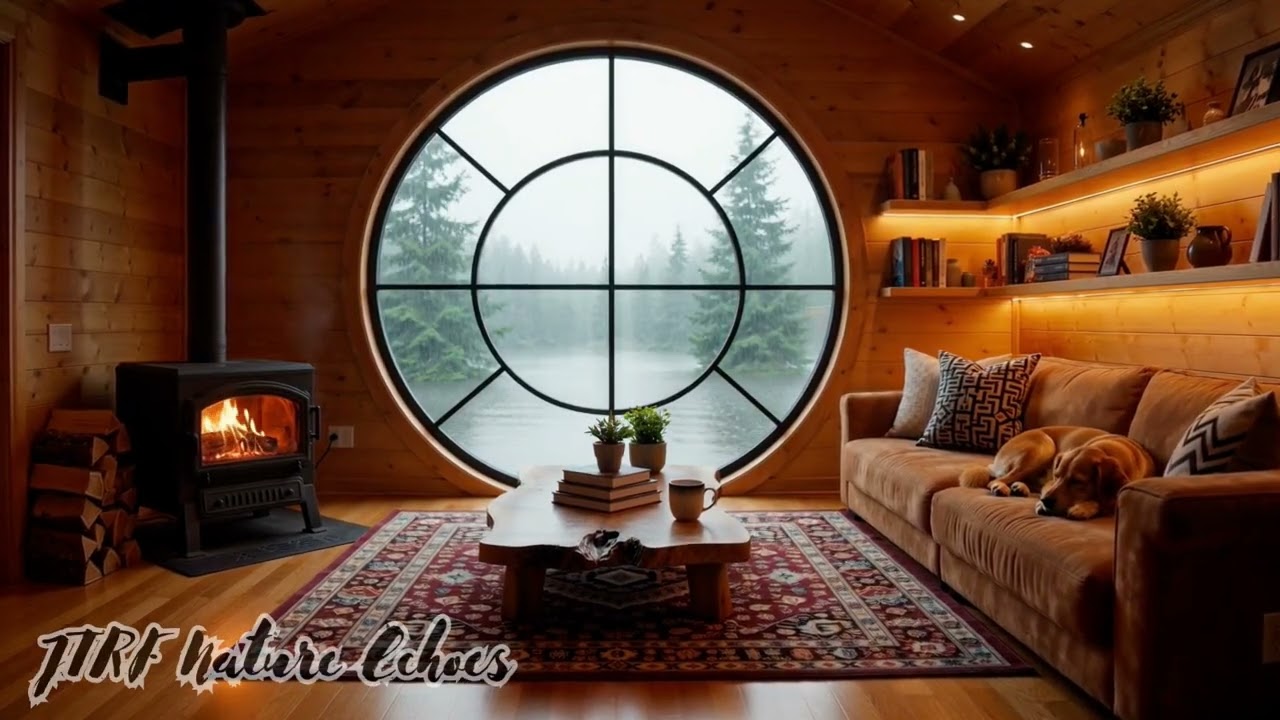 🔥 Cozy Fireplace 247  🌧️ Gentle Rain Outside  🐶 Sleeping Dog on Couch 1