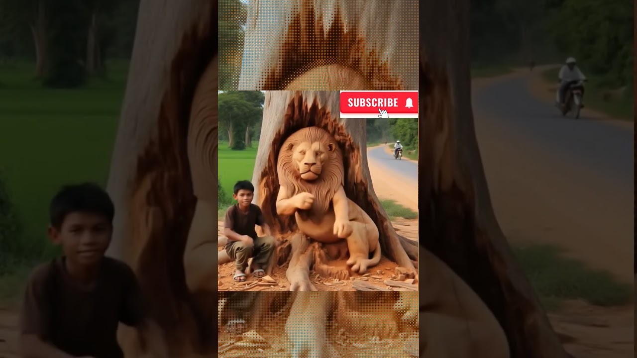 "Incredible Tree Trunk Lion Carving" 