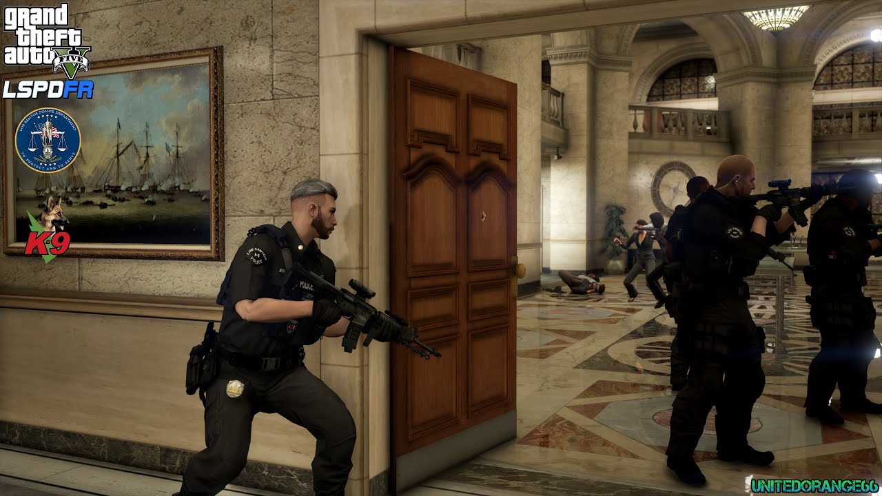 GTA V - LSPDFR 0.4.9🚔 - LSPD/LAPD - K9 Unit - Pacific Bank Robbery | Shootout - 4K