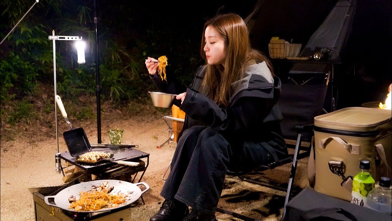 初夏ソロキャンプ|焚き火で焼きそばとお好み焼き ASMR