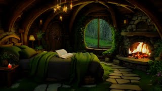 Cozy Hobbit Bedroom | Relaxing Fireplace with Soothing Rainfall Sounds | Enchanted Forest Ambience