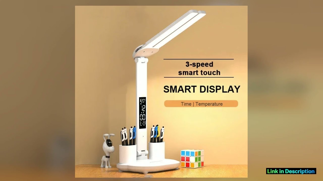 LED Clock Table Lamp USB Chargeable Dimmable Desk Lamp 2 Heads 180 Rotate Foldable Eye Protection