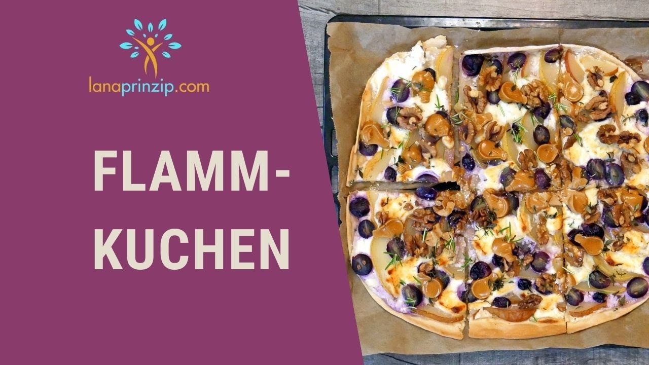 Feines Flammkuchen Rezept einfach und schnell - Mit Birnen, Trauben und Karamell-Schokolade