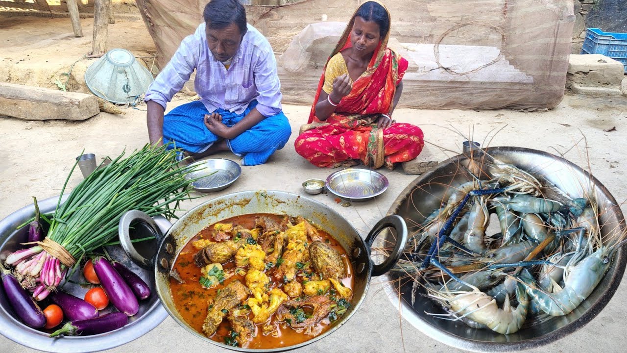 river PRAWN FISH curry with brinjal|onion leaves with tomato cooking and eating|tribe village life