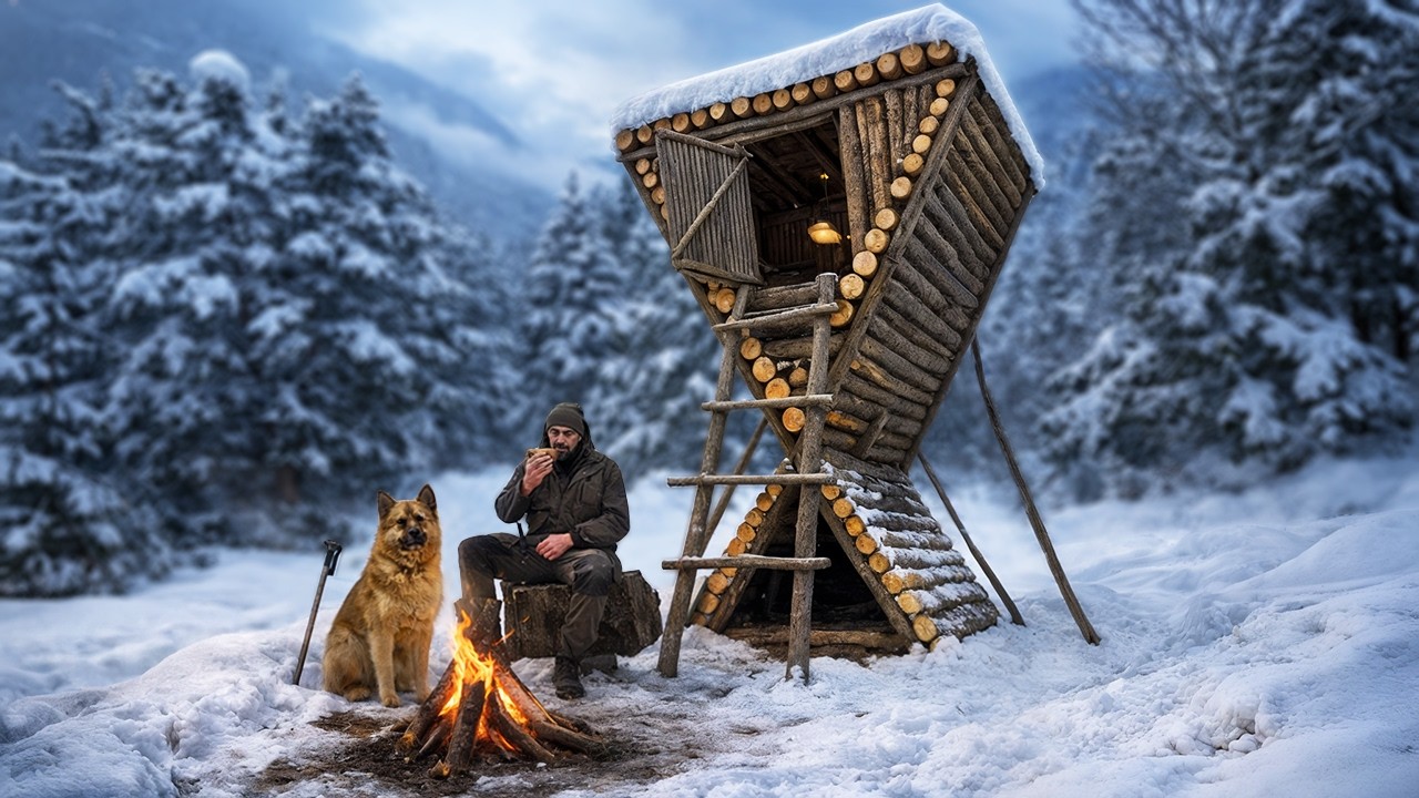 Building a Raised Log Cabin in Deep Snow | Bushcraft Shelter Build
