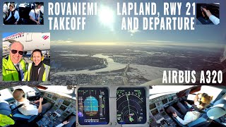 Taxiing through snow and takeoff of an Airbus on a sunny day at Rovaniemi airport (RVN) in Lapland