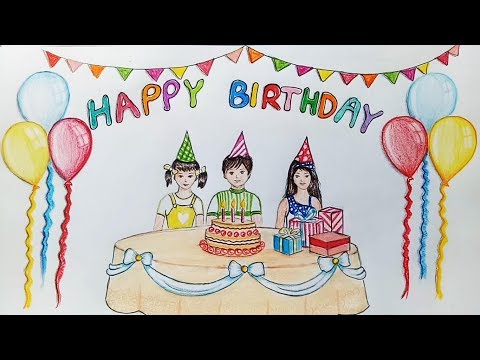 How to draw scenery of birthday party step by step