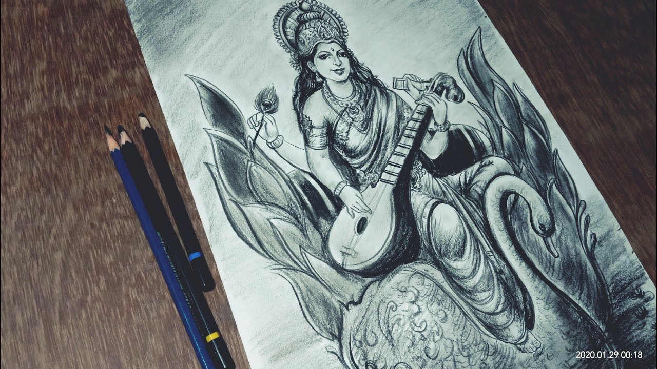 How to draw saraswati maa beautiful pencil sketch, pencil shading - YouTube