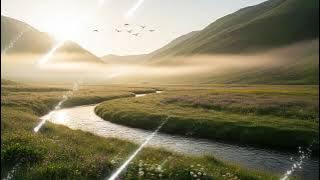 padang rumput yang hijau di sore hari di tambah kabut di gunung