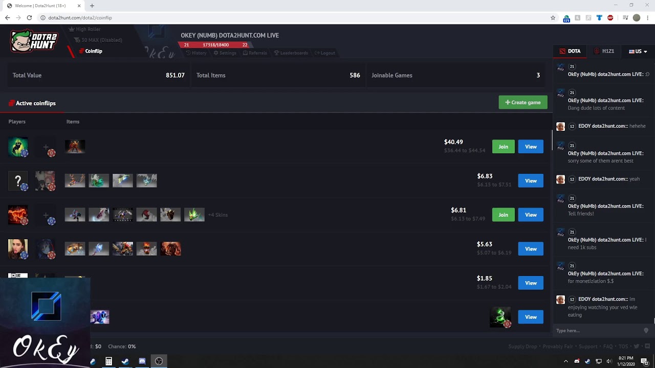 Chilling, Coinflips. Dota2hunt.com ect.