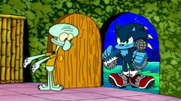 Sonic werehog Trying to get Pizza from Squidward