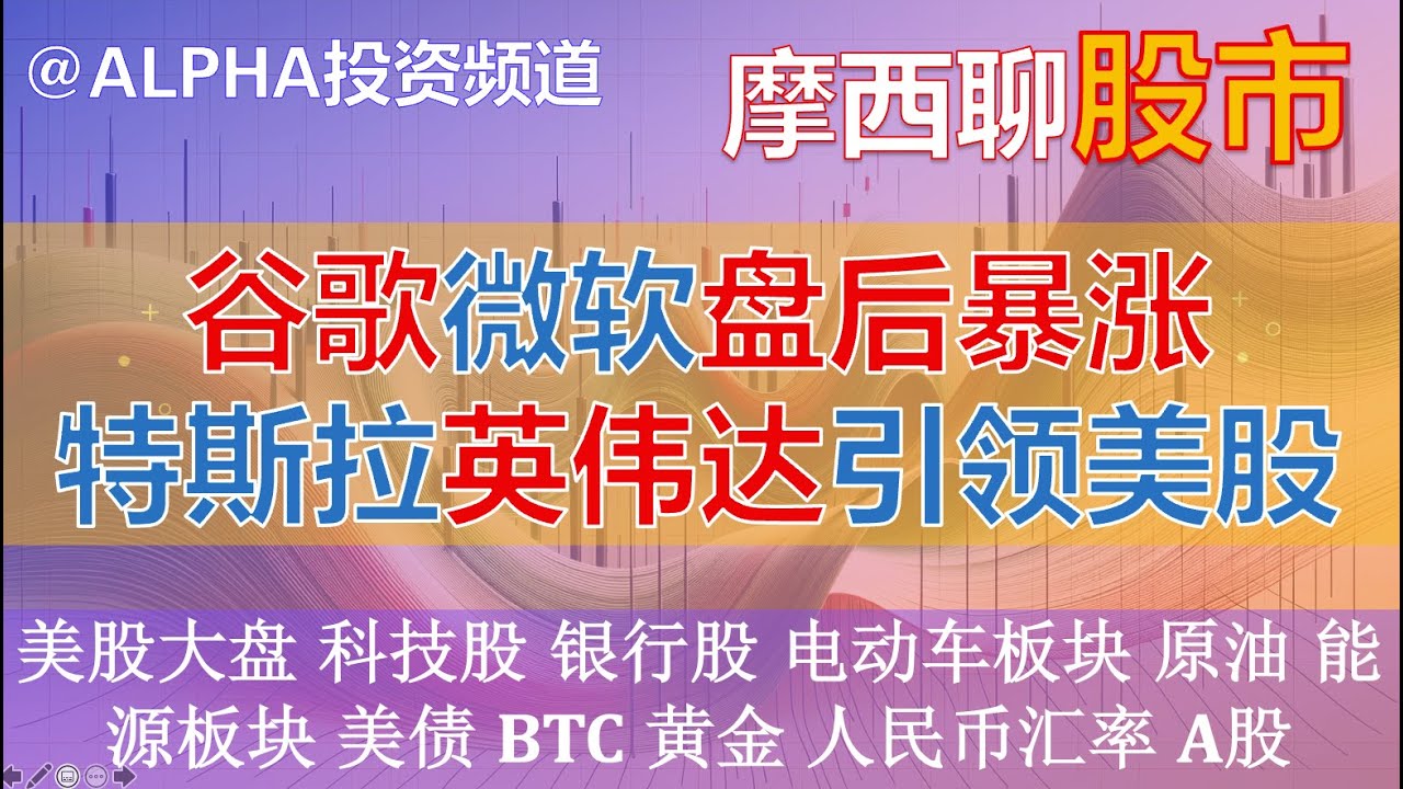 美股：谷歌微软盘后暴涨，特斯拉 英伟达引领大盘｜QQQ｜美债收益率，，原油期货｜比特币 BTC｜人民币汇率， 中国A股@Alpah投资频道