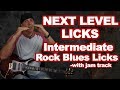 Guitar licks lesson for Intermediate rock blues guitar players with tabs and jam track