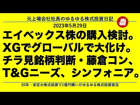 エイベックス株の購入検討。XGでグローバルで大化け。チラ見銘柄判断・藤倉コン、T&Gニーズ、シンフォニア。