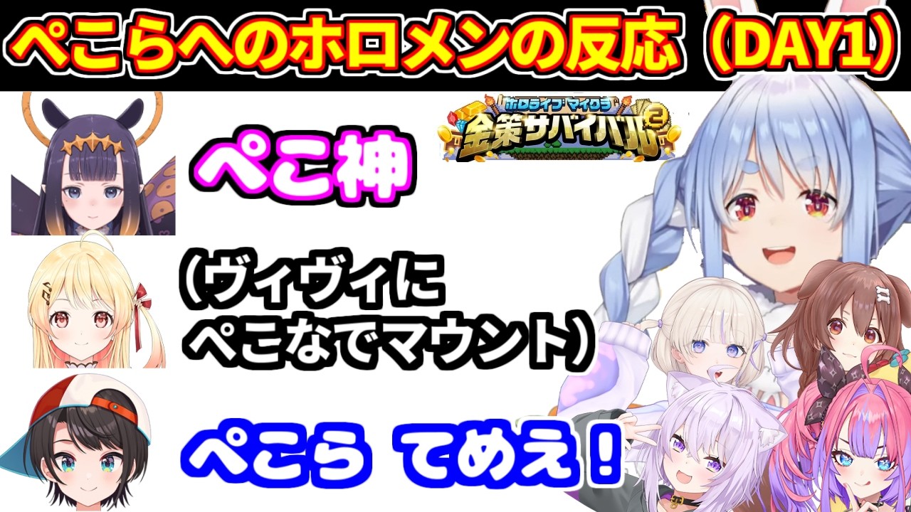 【#ホロ金策サバイバル2 】(DAY1)ぺこらに対するホロメンの反応【ホロライブ切り抜き/兎田ぺこら/音乃瀬奏/轟はじめ/大空スバル/猫又おかゆ/戌神ころね/イナニス/風真いろは/綺々羅々ヴィヴィ】