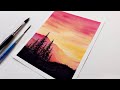 Watercolor tutorial for beginners step by step red orange sunset watercolor painting for beginners