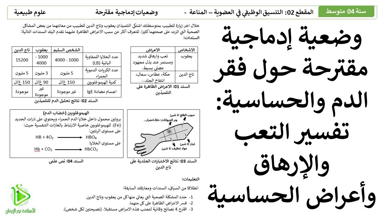 وضعية إدماجية مقترحة للشهادة BEM - فقر الدم - الحساسية - تفسير التعب والإرهاق - وأعراض الحساسية