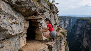 TIMELAPSE - She Builds a Secret Cliff Shelter Under a Huge Rock | Survival Alone