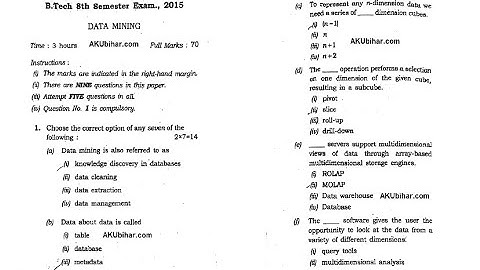 DATA MINING 2015 OJECTIVE QUESTIONS || AKU 8 SEM EXAM || WITH SOLUTION || CSE/ IT || PART 1
