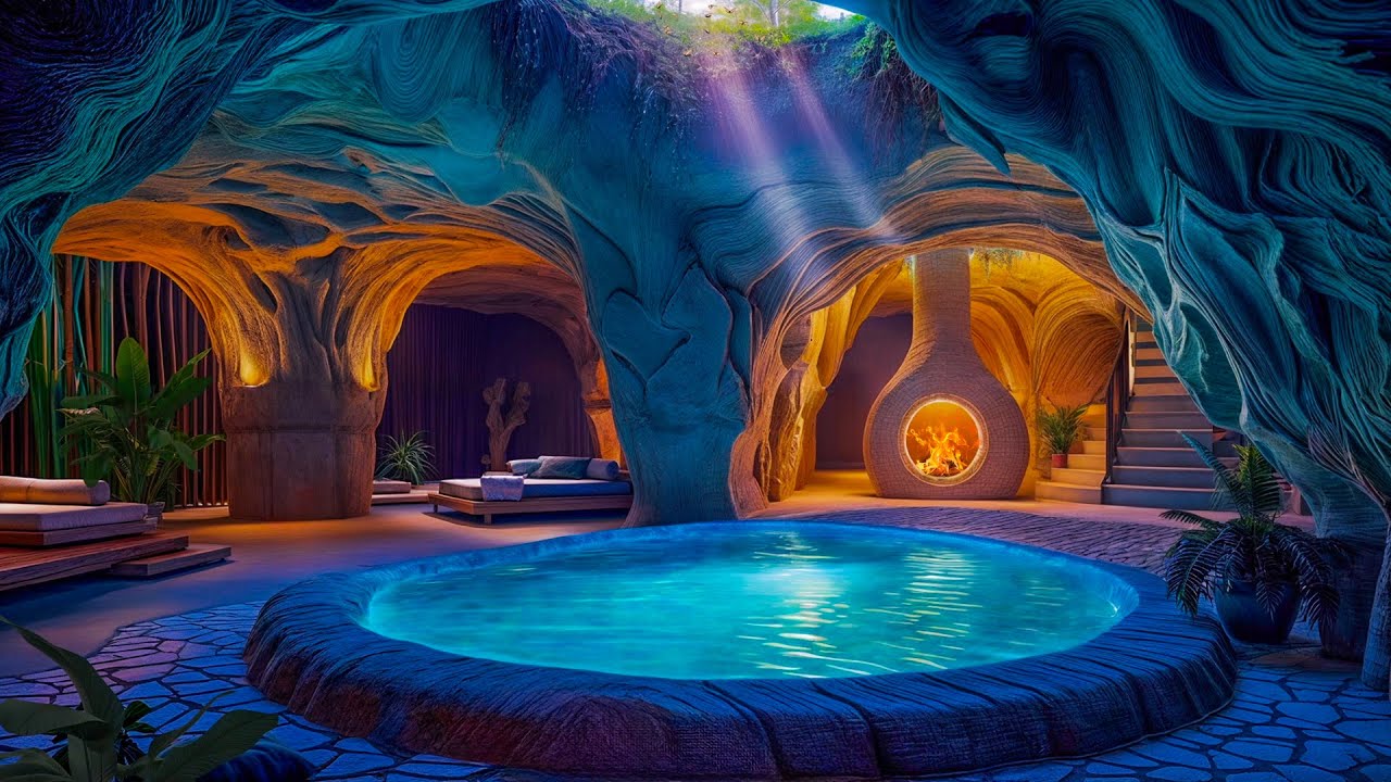 Luxury Cave Spa Retreat | Glowing Pool and Fireplace Ambience for Deep Sleep and Relaxation