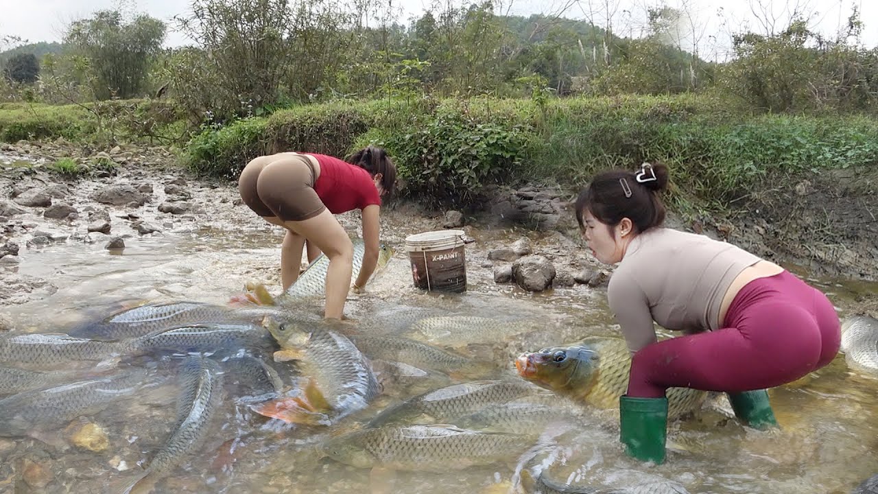 Full Video: Woman Drag Net To Catch Big Fish on River | Catch Fish with a Pump Hiding in Deep Puddle