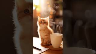 Cute Kitten Near Steaming Mug ☕ | Relaxing ASMR with Soft Background Music screenshot 1