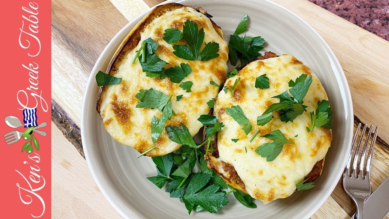 Baked Spaghetti Squash Papoutsakia   Stuffed Spaghetti Squash with Greek Meat Sauce & Bechamel