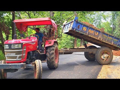 Mahindra Tractor Pulling Fully Loaded Mud Trolley And Unloading Near Road Construction Site | Dozer 