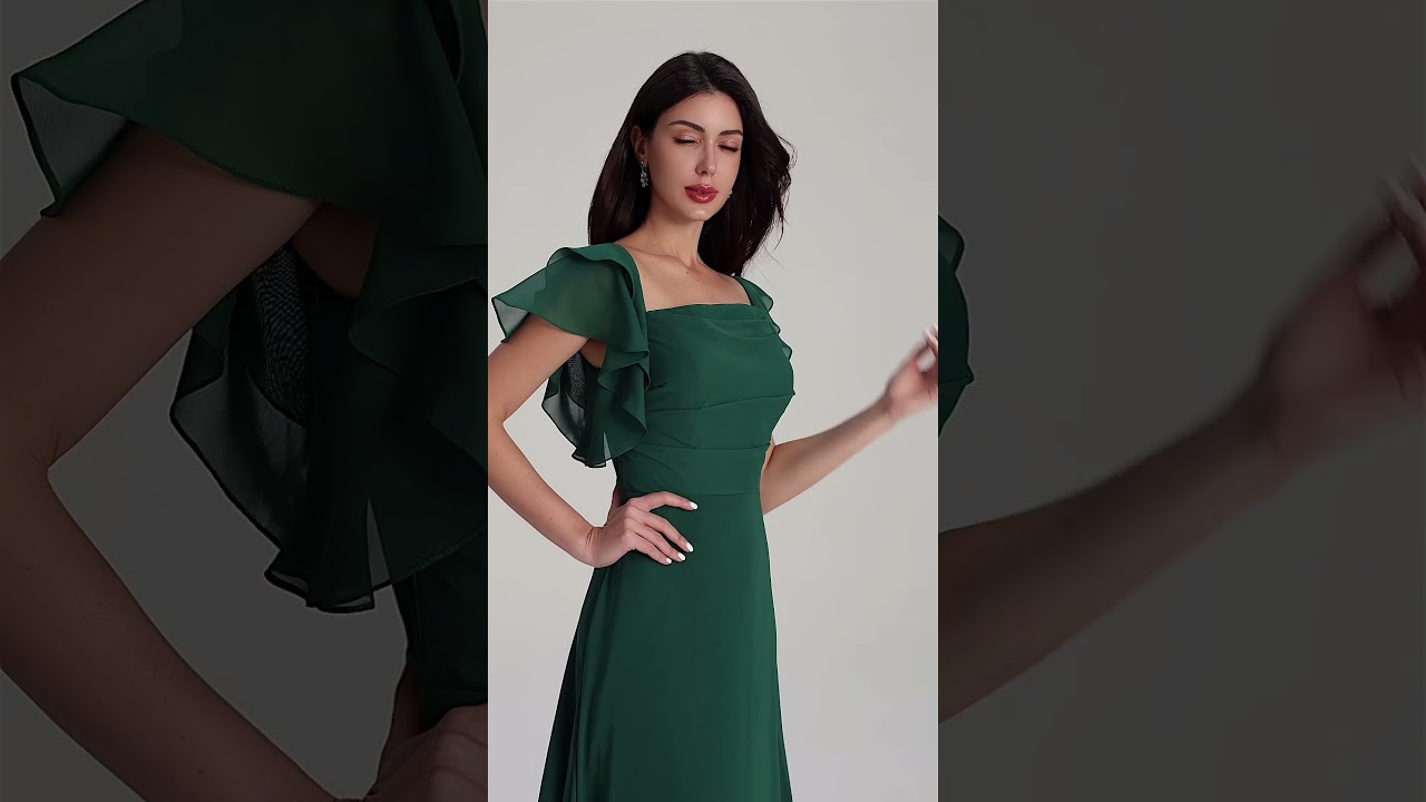 Unique A-line Square Short Sleeves Ruffles Floor-Length Chiffon Bridesmaid  Dress - Glamlora