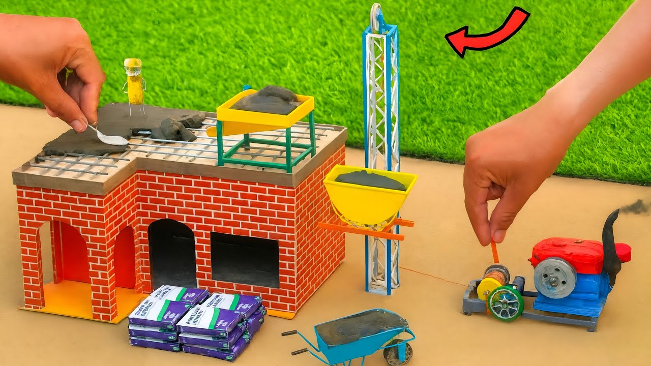 DIY Mini Construction | Lantern Machine Lifts Concrete to Roof | Mini House Building Project