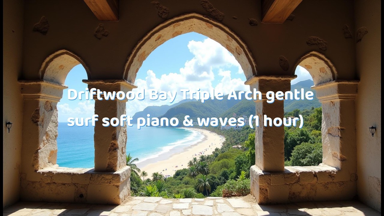 Driftwood Bay Triple Arch — gentle surf soft piano & waves (1 hour)