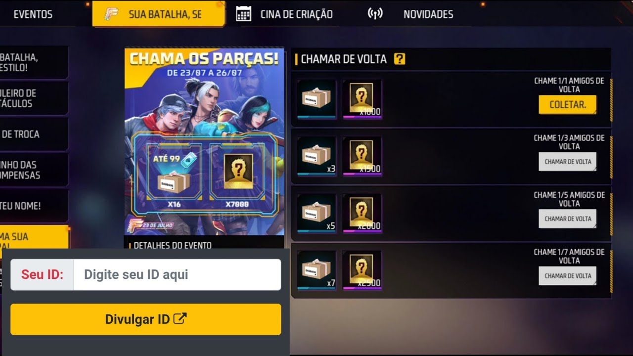 COMO CHAMAR AMIGOS DE VOLTA NO FREE FIRE  COMPLETAR O NOVO EVENTO CHAMA  SUA TROPA GANHE 99 TICKETS 