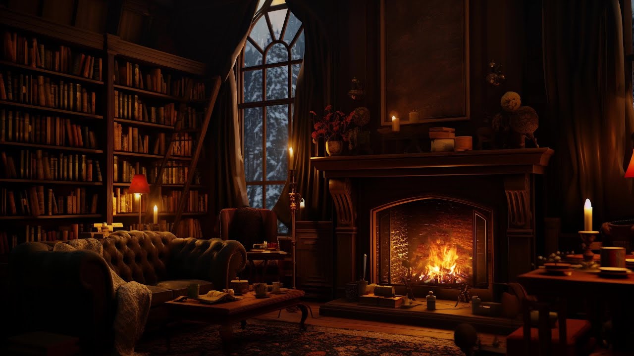 Library Secret Room Study Ambience with Rain Sounds and Crackling