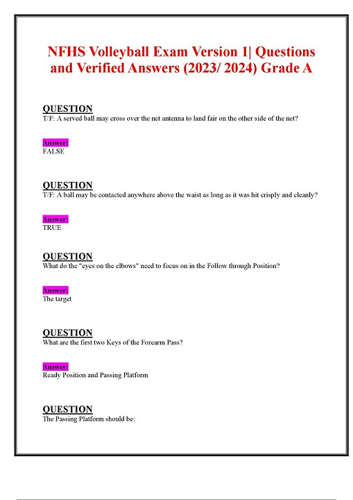 NFHS VOLLEYBALL EXAM VERSION 1 QUESTIONS AND VERIFIED ANSWERS 2023 2024