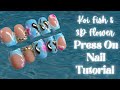 HOW TO: Press On Nail Tutorial: 3D lines, koi fish, 3D flowers, rhinestone French tip, summer nails