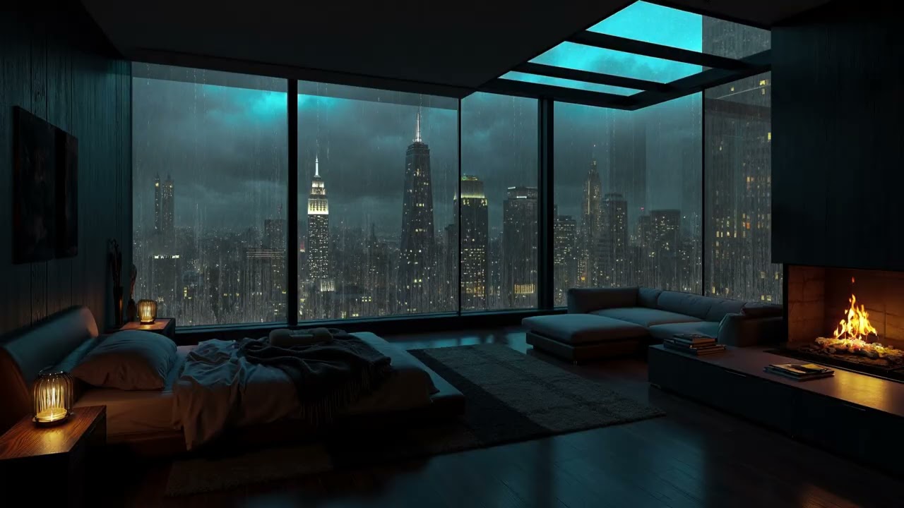 Late Night Rain Over New York City 🌧️ Cozy Bedroom With Fireplace Crackling and Soft Rain On Window