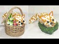 DIY easy crafts. Кот из ниток для вязания. Декоративный котик в корзинке из джута.