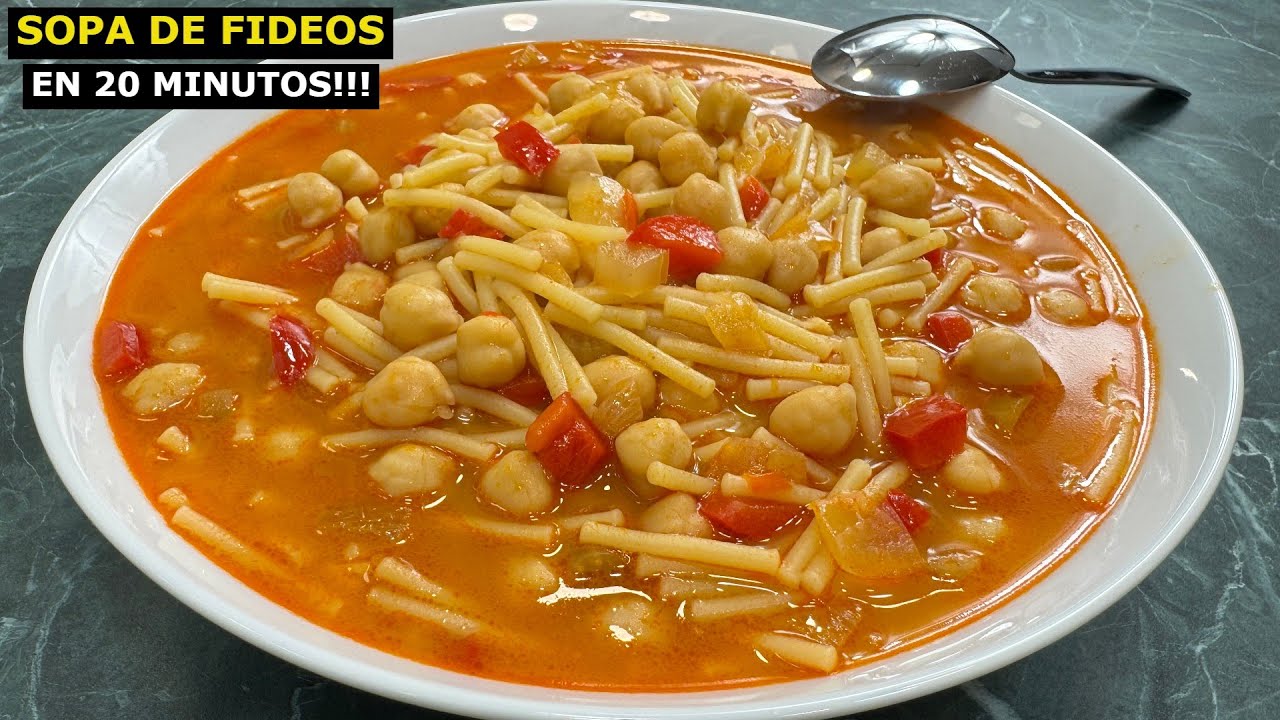 Sopa de fideos con Garbanzos muy fácil y rápido. En 20 Minutos ¡Te encantará!