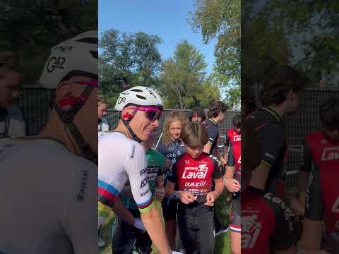 World Champion Tadej Pogačar took a moment for selfies and autographs before taking to the start