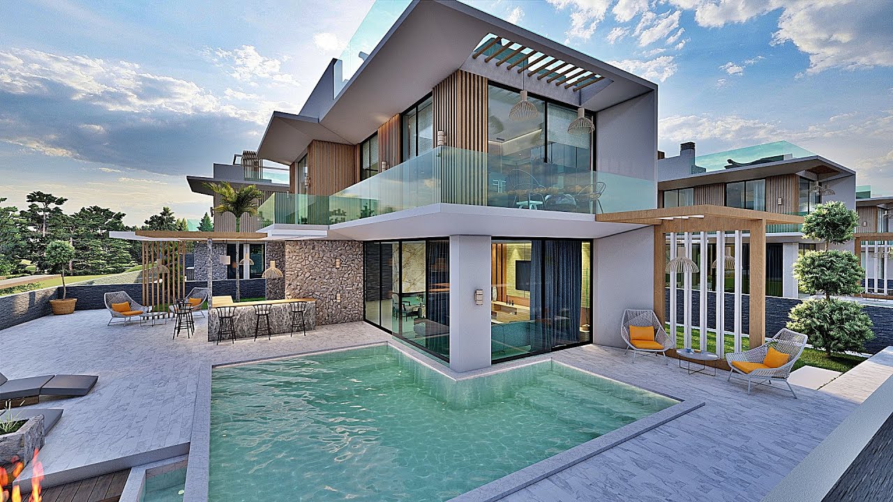 Illustration of Beach Villas With Private Pool And Barbecue