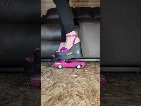 Pink cuda crush in platform wedges #modelcarcrush #crushexperiment #asmrcrush #wedgesandals