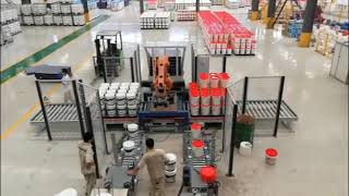 Robot Palletizing Barrel Bucket Bags Box Case Animal Food Palletizer #stackers #palletizingrobot 