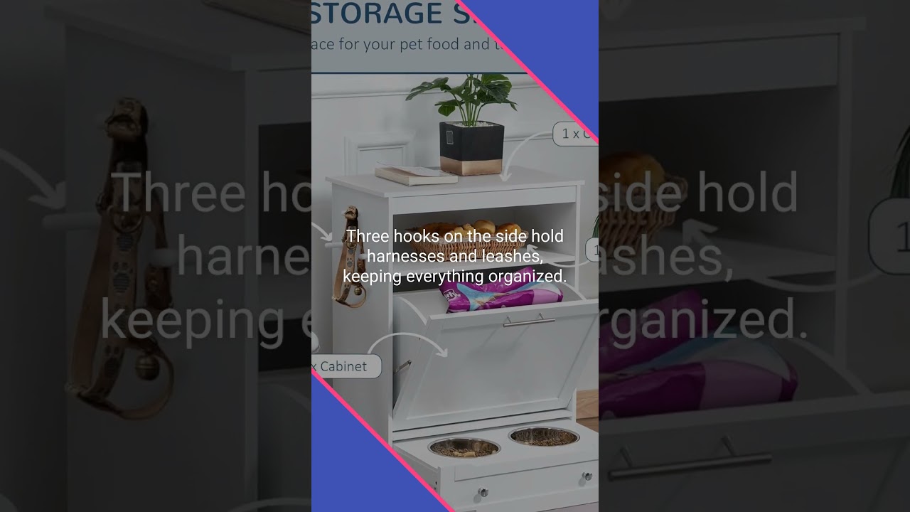 Pet Feeder Station Dog Food Storage Cabinet w/ Raised Bowls, Leash Hooks 