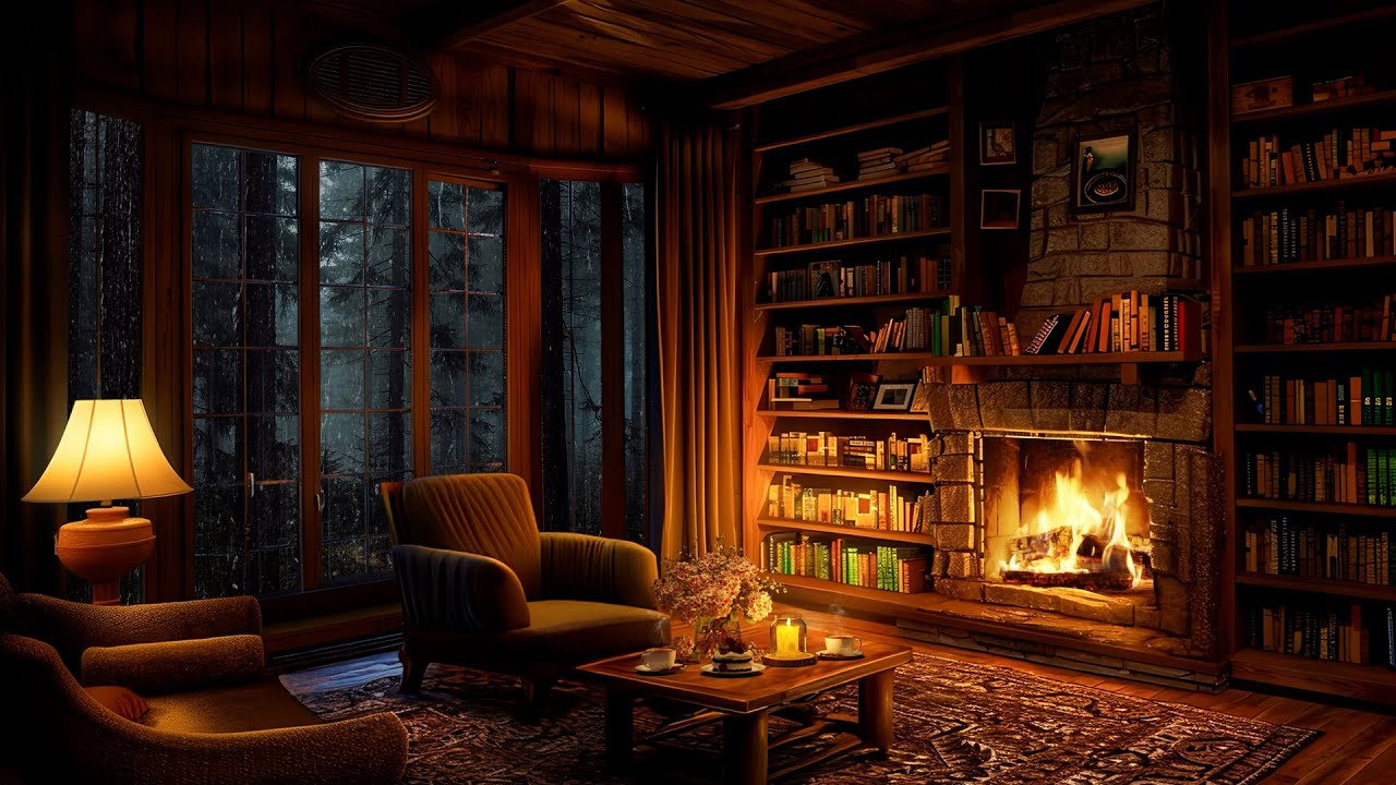 Cozy Reading Nook Ambience 🛖 Soft Jazz with Crackling Fireplace and Rain Sounds For Sleeping